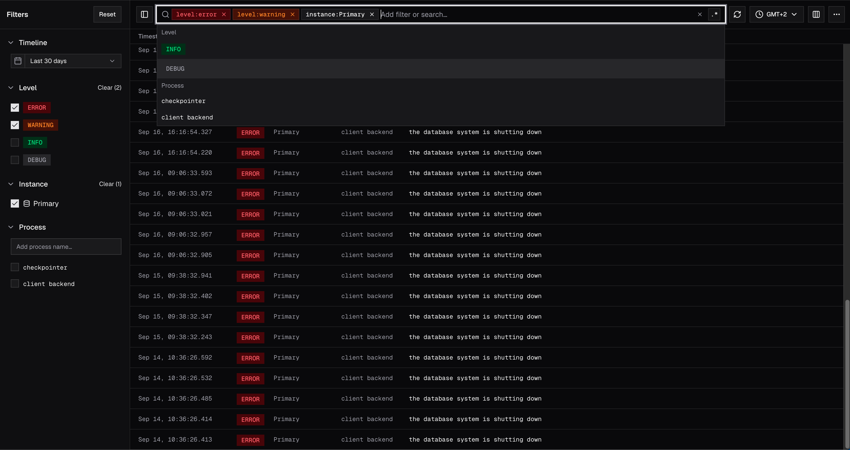 Logs viewer search input with level and instance filter chips and a suggestions dropdown