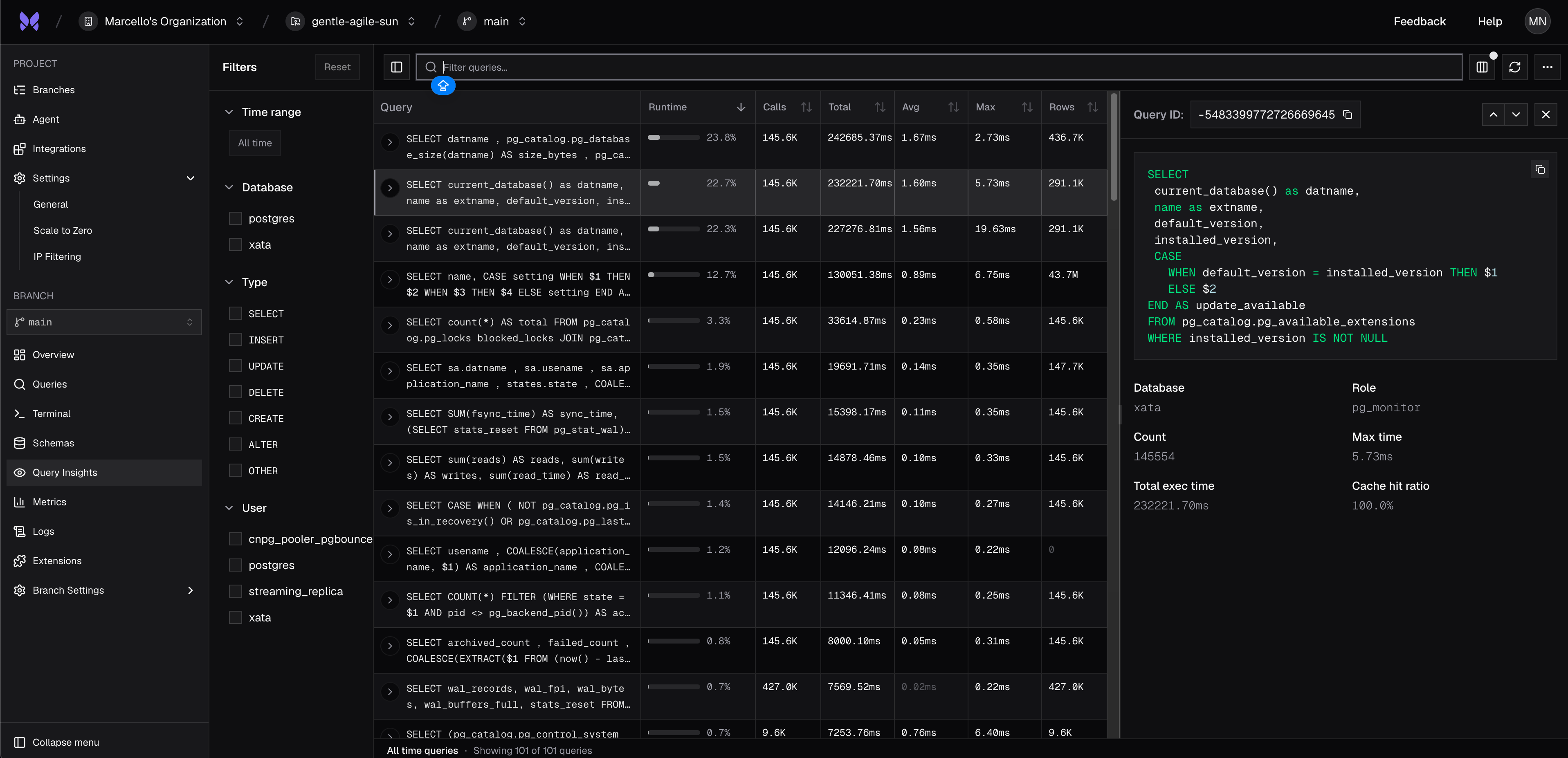 Query insights table listing queries by runtime, with an inline detail panel showing the selected query